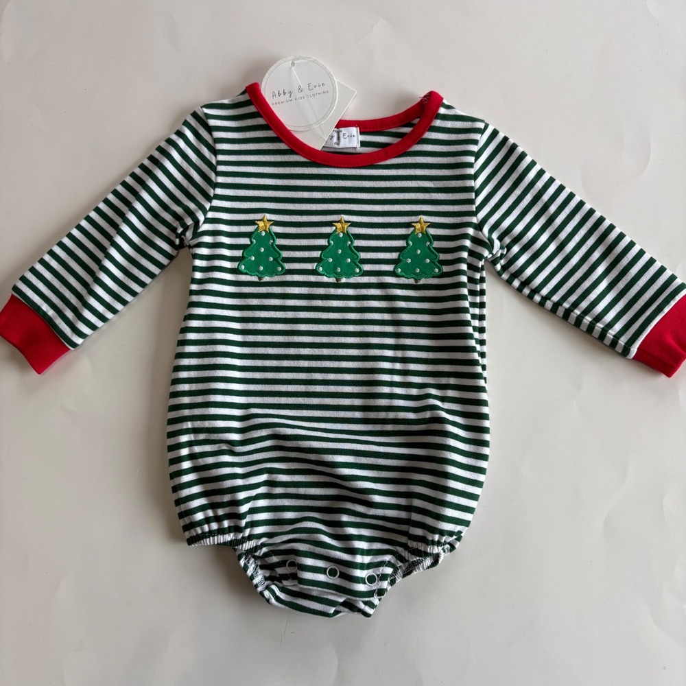 Abby & Evie Infant Boys 6M Striped Red Green Christmas‎ Tree Romper Applique
